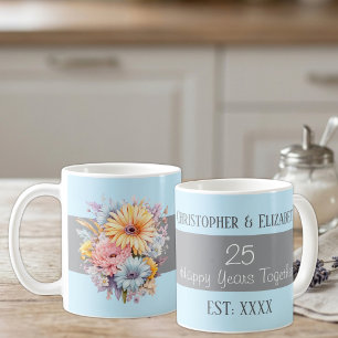 25e zilveren huwelijksjubileum bloemen namen blauw koffiemok
