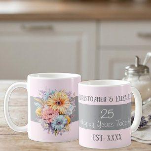 25e zilveren huwelijksjubileum bloemen namen roze koffiemok
