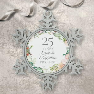 25e zilveren huwelijksjubileum bloemenschildering  tin sneeuwvlok ornament