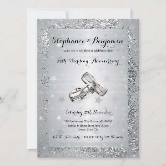 25e zilveren huwelijksjubileum Glitter Elegant Kaart (Voorkant)