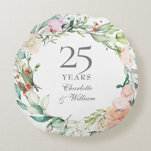 25e Zilveren Huwelijksjubileum Rozen Waterverf Blo Rond Kussen (Voorkant)