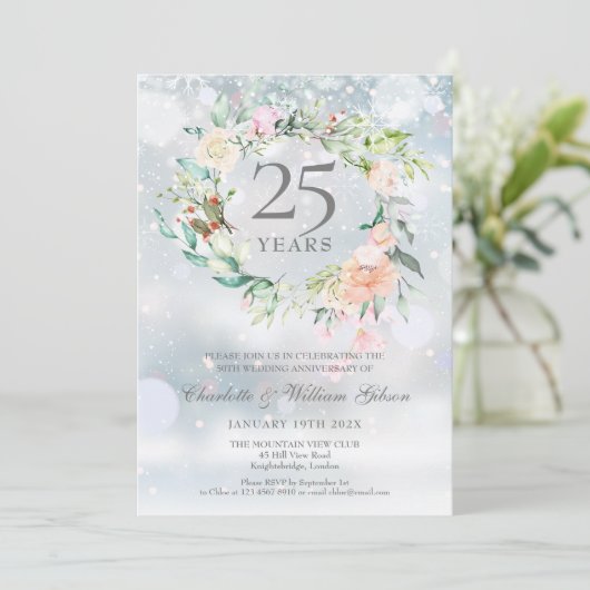 25e zilveren huwelijksjubileum Winter Bloemen Kaart (Staand voorkant)