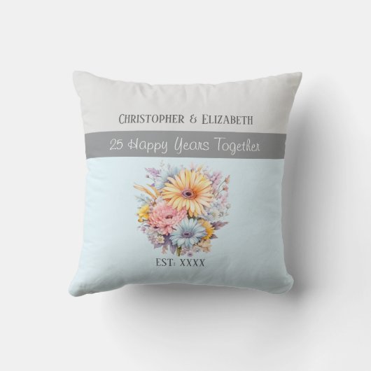 25e zilveren jubileum bloemen blauw kussen (Achterkant)