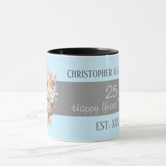 25e zilveren jubileum bloemen namen blauw mok (Midden)