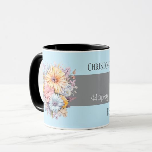 25e zilveren jubileum bloemen namen blauw mok (Voorkant links)