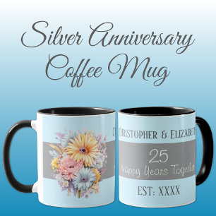 25e zilveren jubileum bloemen namen blauw mok