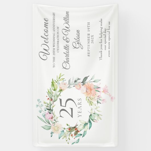 25e Zilveren Jubileum Rozen Bloemen Welkom Spandoek (Verticaal)