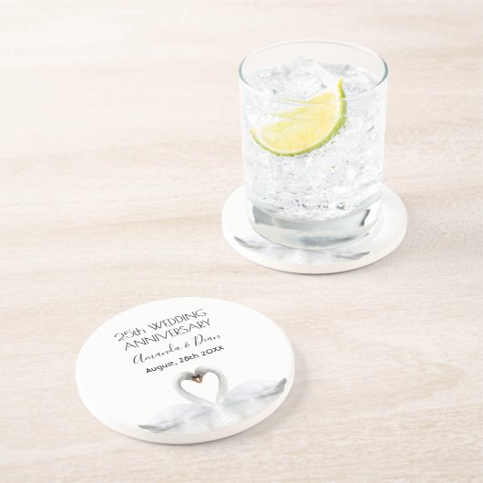 25e zilveren trouwdag witte zwanen zandsteen onderzetter (Zijkant)