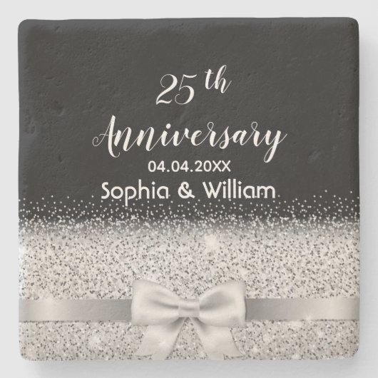 25e zilveren trouwdag zwart monogram stenen onderzetter (Voorkant)
