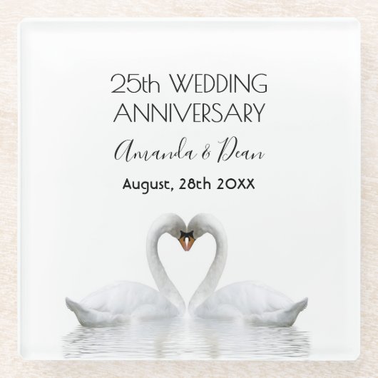 25e zilveren verjaardag witte zwanen houden van zi glazen onderzetter (Voorkant)