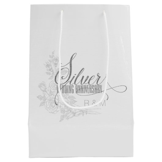 25e zilverJubileum Initialen en witte rozen Medium Cadeauzakje (Achterkant)