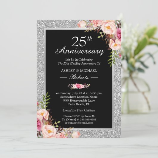 25e Zilverweddenschap Jubileum Elegant Floral Kaart (Staand voorkant)