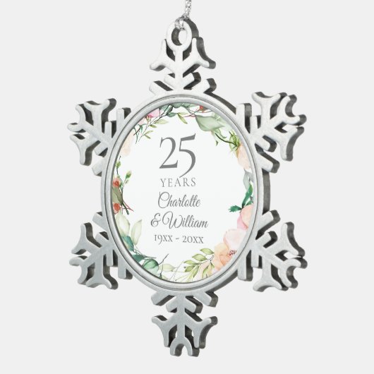 25e Zilverweddenschap Jubileum Florale Waterverf Tin Sneeuwvlok Ornament (Rechts)