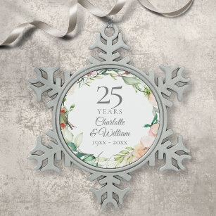 25e Zilverweddenschap Jubileum Florale Waterverf Tin Sneeuwvlok Ornament