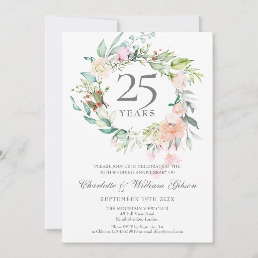 25e Zilverweddenschap Jubileum Rozen Garland Kaart (Voorkant)