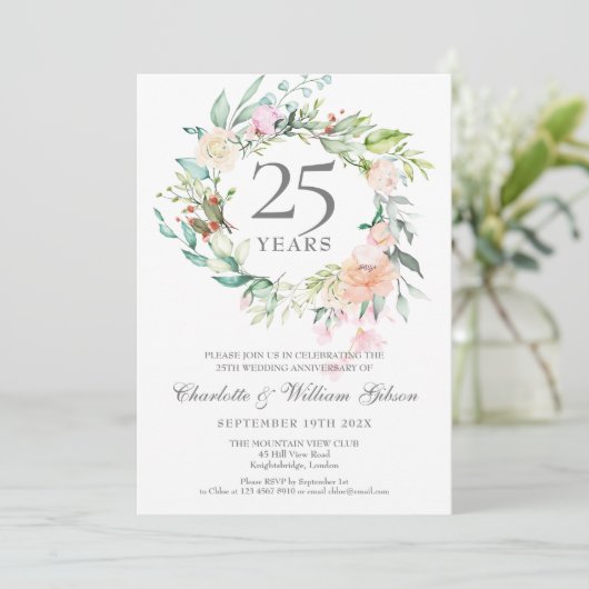 25e Zilverweddenschap Jubileum Rozen Garland Kaart (Staand voorkant)