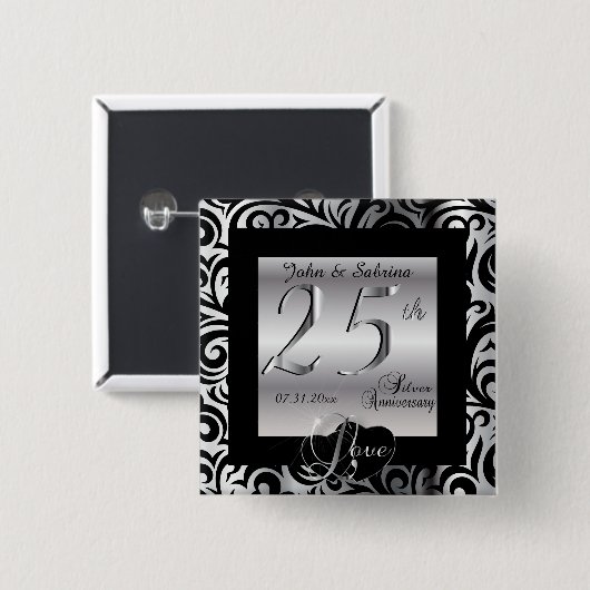 25e Zilverweddenschap Jubileum Vierkante Button 5,1 Cm (Voorkant /achterkant)