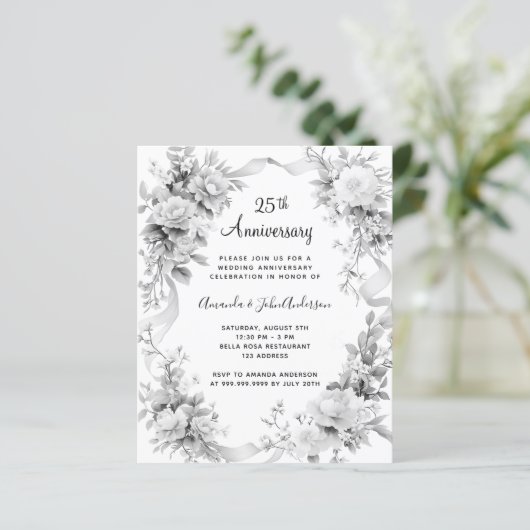 25ste huwelijksverjaardag Florals Silver Invitatio (Staand voorkant)