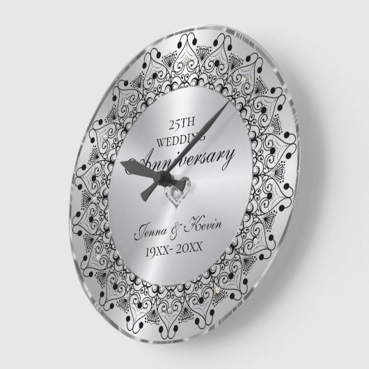 25ste trouwdag zwart Mandala op zilver Grote Klok (Hoek)