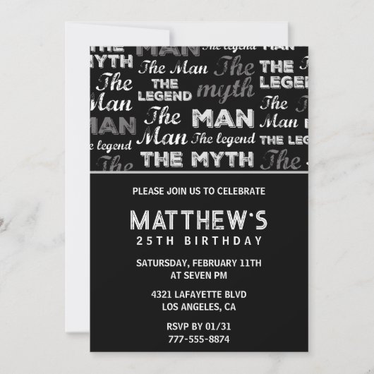 25ste verjaardagsuitnodiging Mannen The Myth The L Kaart (Voorkant)