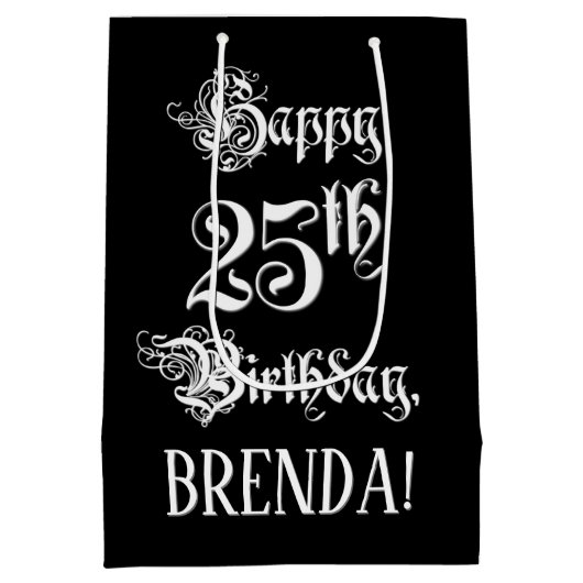 25th Birthday: Fancy, Elegant Script + Custom Name Medium Cadeauzakje (Achterkant)