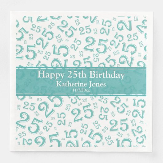 25th Birthday Number Pattern Blauwgroen/White Servet (Voorkant)
