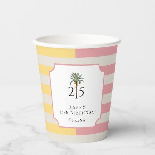 25th Birthday Palm Beach Pastel Stripe Tropical Papieren Bekers (Voorkant)