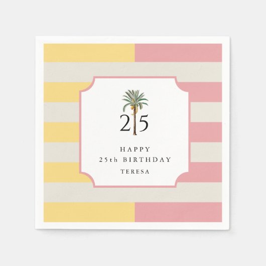 25th Birthday Palm Beach Pastel Stripe Tropical Servet (Voorkant)