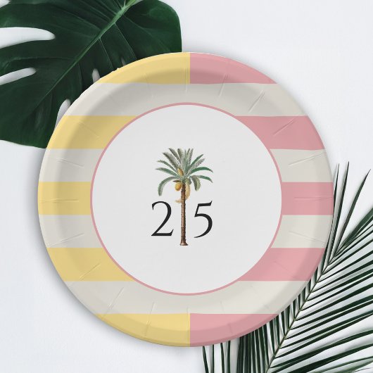 25th Birthday Palm Beach Tropical Pastel Stripe Papieren Bordje