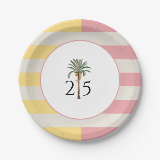 25th Birthday Palm Beach Tropical Pastel Stripe Papieren Bordje (Voorkant)