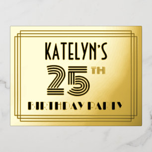25th Birthday Party ~ Art Deco Style "25" + naam Folie Uitnodiging Briefkaart