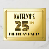 25th Birthday Party ~ Art Deco Style "25" + naam Folie Uitnodiging Briefkaart (Voorkant)