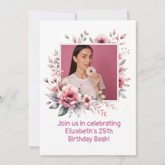 25th Birthday Party Custom Photo Floral Lijst Kaart