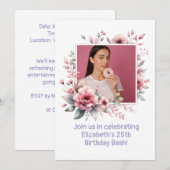 25th Birthday Party Custom Photo Floral Lijst Kaart (Voorkant / Achterkant)