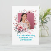 25th Birthday Party Custom Photo Floral Lijst Kaart (Staand voorkant)