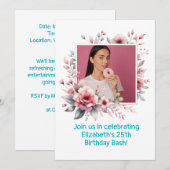 25th Birthday Party Custom Photo Floral Lijst Kaart (Voorkant / Achterkant)
