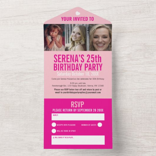 25th Birthday party drie foto's van roze All In One Uitnodiging (Binnen)