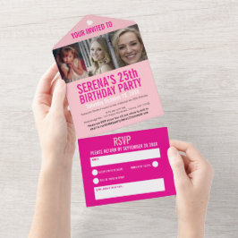 25th Birthday party drie foto's van roze All In One Uitnodiging
