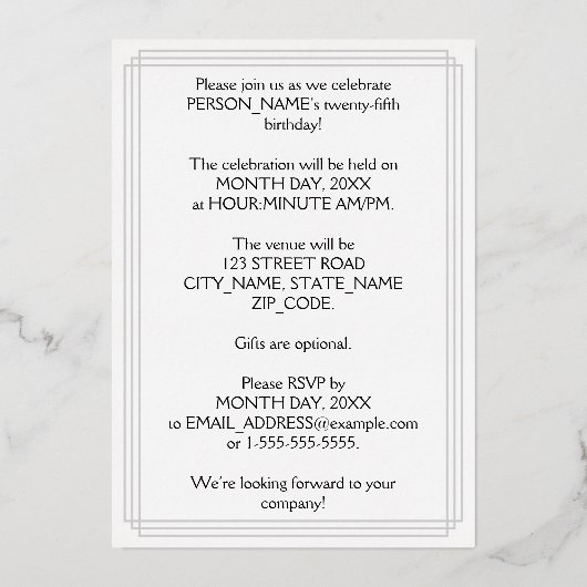 25th Birthday Party — Elegant Script + aangepaste  Folie Uitnodiging (Achterkant)