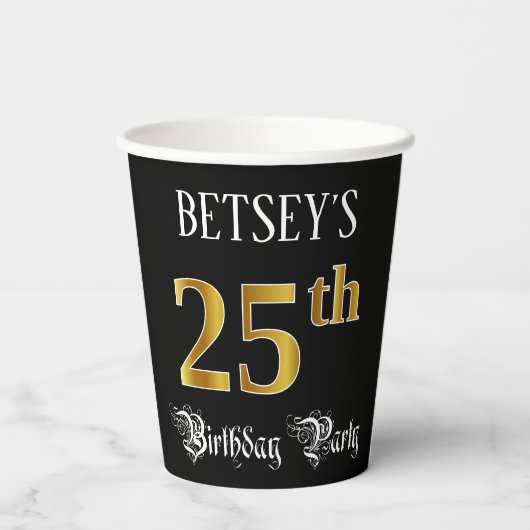 25th Birthday Party — Fancy Script, Faux Gold Look Papieren Bekers (Achterkant)