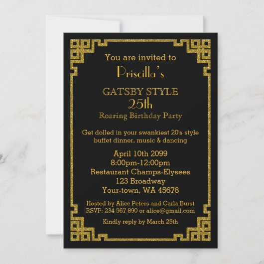 25th, Birthday party, Gatsby-stijl, zwart en goud Kaart (Voorkant)