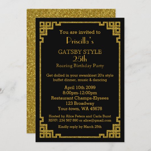 25th, Birthday party, Gatsby-stijl, zwart en goud Kaart (Voorkant / Achterkant)