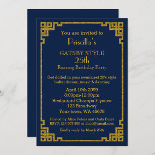 25th, Birthday party, Gatsby style, marine & gold Kaart