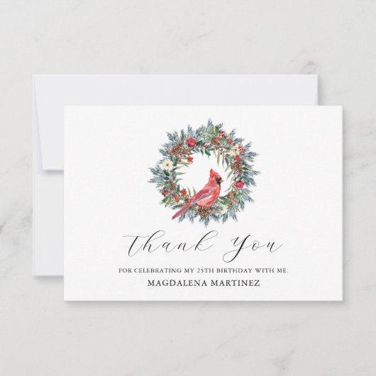 25th Birthday Red Cardinal Wreath Custom Flat Bedankkaart (Voorkant)