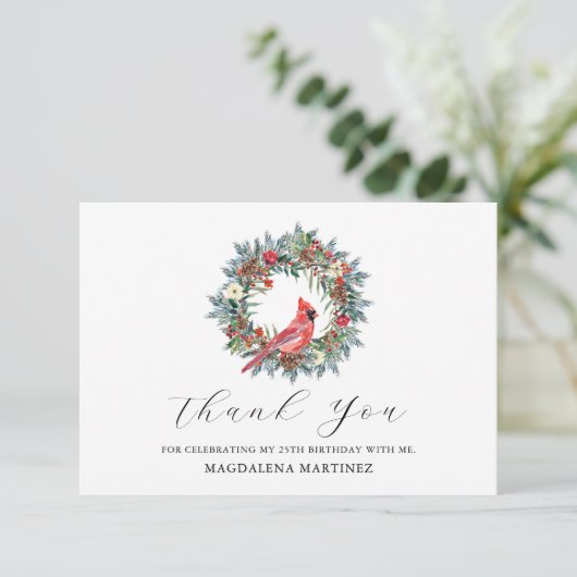 25th Birthday Red Cardinal Wreath Custom Flat Bedankkaart (Staand voorkant)