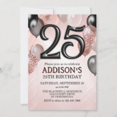 25th Birthday Roos Gold Balloons Invitation Kaart (Voorkant)