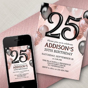 25th Birthday Roos Gold Balloons Invitation Kaart