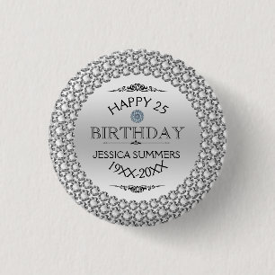 25th Birthday-Silver & White Diamonds Sjabloon Ronde Button 3,2 Cm