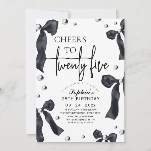 25th Black White Bow Birthday Party Kaart (Voorkant)