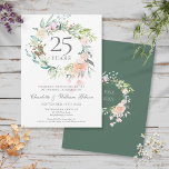 25th Silver Anniversary Floral Roses Garland  Kaart<br><div class="desc">Featuring a delicate watercolour floral garland,  this chic botanical 25th wedding anniversary invitation can be personalised with your special silver anniversary information. The reverse features a matching floral garland framing your anniversary dates in elegant silver text on a woodland green background. Designed by Thisisnotme©</div>
